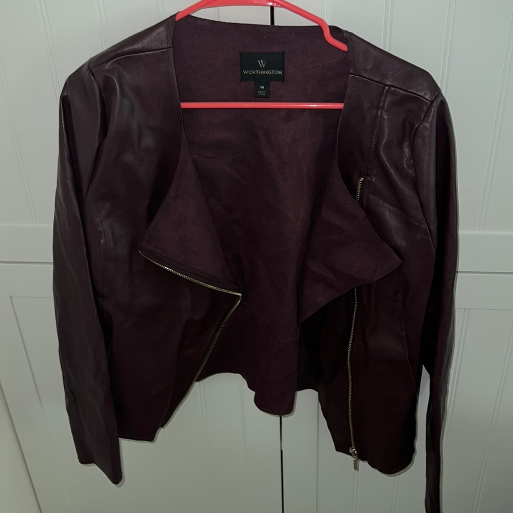 Plum faux leather jacket.